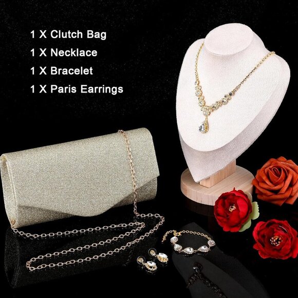 Radiant Gold Rhinestone Jewelry Set with Evening Clutch Purse - Gift Ready! - Picture 5 of 8